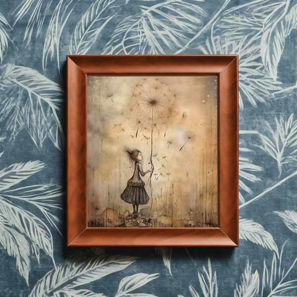 Enchanting Fairytale Dandelion, Handmade Mixed Media Art, Vintage Faded Lined Paper Decor, Home Wall Art Painting