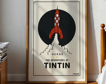 Adventures of Tintin Rocket Poster, Minimalist Retro Comic Wall Art