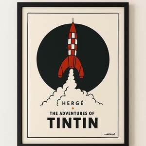 Tintin Rocket Poster | Retro Space Art Print | The Adventures of Tintin Inspired Wall Art | Hergé Tribute Decor