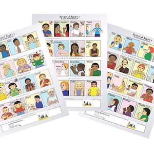 Può includere: Tre fogli di carta bianchi con illustrazioni e testo colorati, intitolati "Survival Signs" di "Little Hands Express." Ogni foglio presenta diversi pannelli che raffigurano varie azioni e bisogni, come "Eat", "Hungry" e "Help."