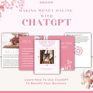 Op de afbeelding: Een roze en witte ebook-omslag met de titel "Geld verdienen online met ChatGPT". De omslag bevat een inhoudsopgave, een welkomstbericht en een sectie over wat ChatGPT is. Het ebook is ontworpen om mensen te helpen leren hoe ze ChatGPT kunnen gebruiken om hun bedrijf te laten groeien.
