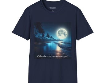 Shadows In the Moonlight T-Shirt: Print No. 4-047 - Features a Coastal Moonlit tropical beach seascape. Sun Beach wear, Moonlight T-shirt.