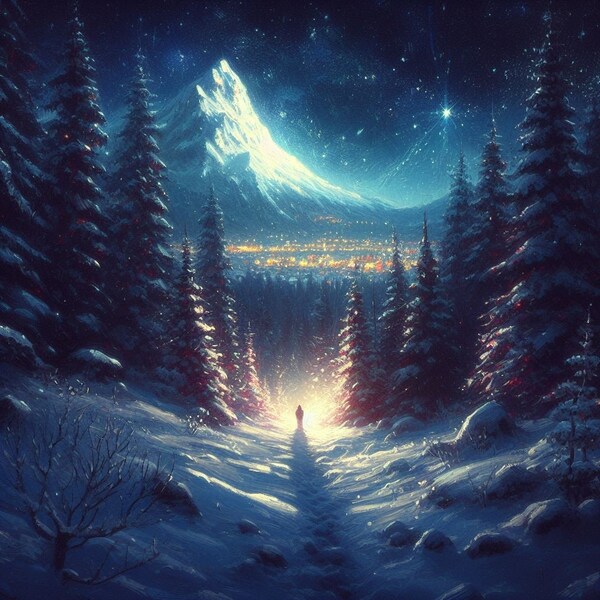 Print No. 3-110, Starry Night Mountain Landscape - Winter Wonderland, Snowy Forest, Magical Night Sky Art Print, Christmas Home Art decor.