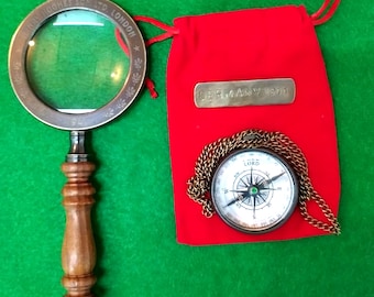 Nautical Collectible Solid Brass Magnifying glass , Antique Reproduction Magnifier with Free gift Pendant Compass Birthday Anniversary Gift