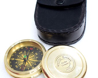 Personalized Engraved Compass, Brass Lid Compass with Leather Cover, Nautical Collectible Marine Compass, Anniversary Gift, Birthday Gift