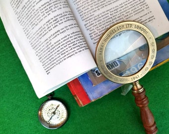 Nautical Collectible Brass Magnifying glass with free gift Pendant Compass, Reading Magnifying , Vintage Antique Look Magnifying glass