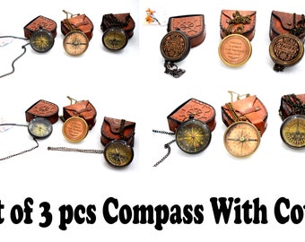 Gepersonaliseerd koperen kompas, ontwerper gegraveerd kompas, nautisch kompas, koperen kompas, hangerkompas met lederen tas, set van 3 kompas