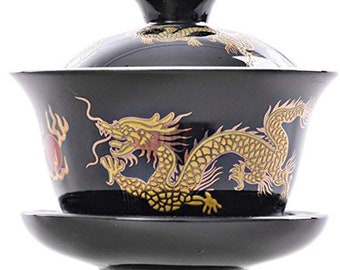 Porcelain Kung Fu Tea Cup and Saucer with Lid, Chinese Traditional Gaiwan Sancai Tea Bowl Tea Set Dragon Pattern (Black)