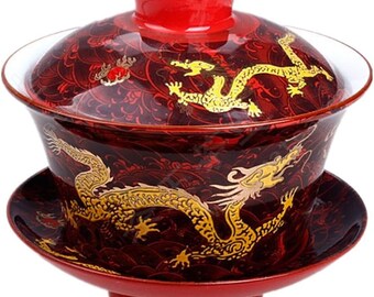 Chinese Porcelain Gaiwan Floral Dragon Tradition Sancai Tea Cup Tea Set Best Gift (Dark Red Dragon)