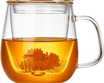 Tasse à thé en verre avec infuseur et couvercle, Grande tasse/tasse à thé en borosilicate, 17,6 oz/520 ml, Tasse à thé transparente pour thé en vrac, Thé en fleurs, Sachet de thé