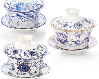 Ensemble de 3 tasses à thé chinoises avec couvercle et soucoupe, ensemble de tasses à thé en porcelaine Gaiwan 10 oz, bol à thé fait main, vaisselle en céramique traditionnelle chinoise