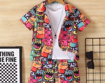 Young Boy 3Pcs/Set Cartoon Print Shirt, Shorts and Hat Outfit