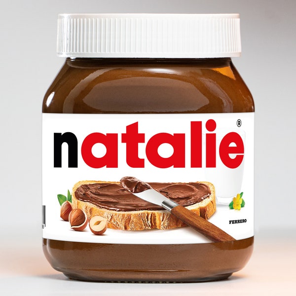 Zestaw 2 naklejek PREMIUM Nutella ze spersonalizowanym imieniem - Wysoka jakość - Różne rozmiary - Pasują do wszystkich słoików