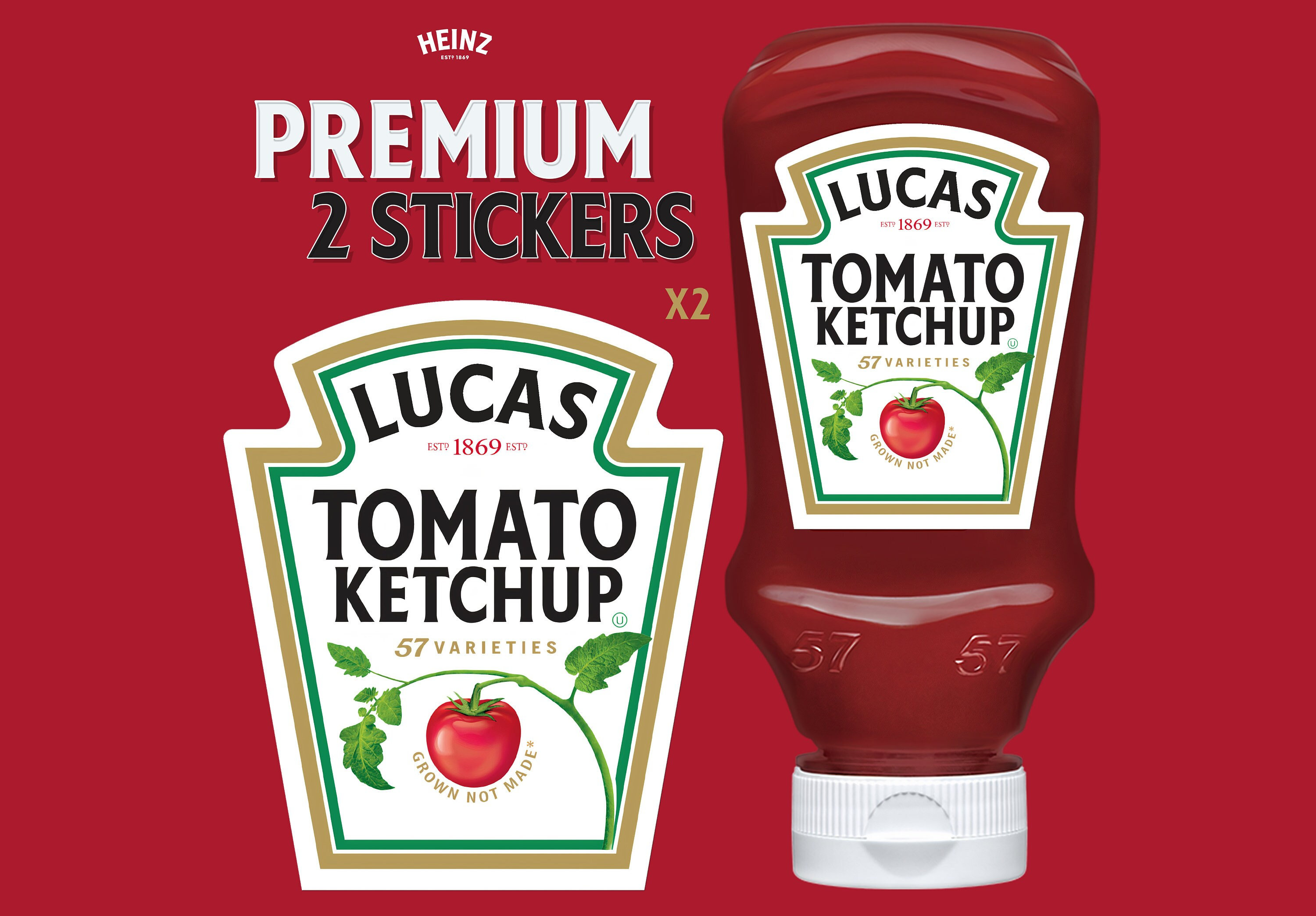 Set of 2 PREMIUM Heinz Ketchup Stickers With Personalized First Name