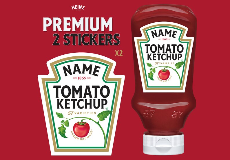 Set of 2 PREMIUM Heinz Ketchup Stickers With Personalized First Name