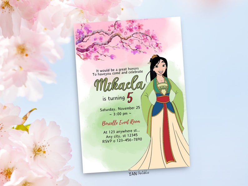 Editable Mulan Disney Princess Birthday Invitation Pink Green Free ...