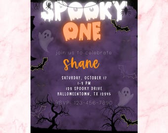 May include: A Halloween-themed invitation with a purple background and spooky graphics. The text reads "SPOOKY ONE" and "join us to celebrate Shane". Includes bats, ghosts, spiders, and event details.