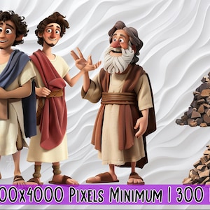 May include: A digital illustration featuring three cartoon characters in ancient attire, with two piles of stones in the background. The characters are dressed in robes and sandals, with one wearing a blue sash and another a red sash. The image includes text at the bottom.