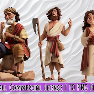 May include: Three cartoon figures in biblical attire. One figure sits, another holds an axe, and the third stands. The figures are in shades of brown, tan, and red. The image includes the text "SMALL COMMERCIAL LICENSE | 19 PNG FILES".