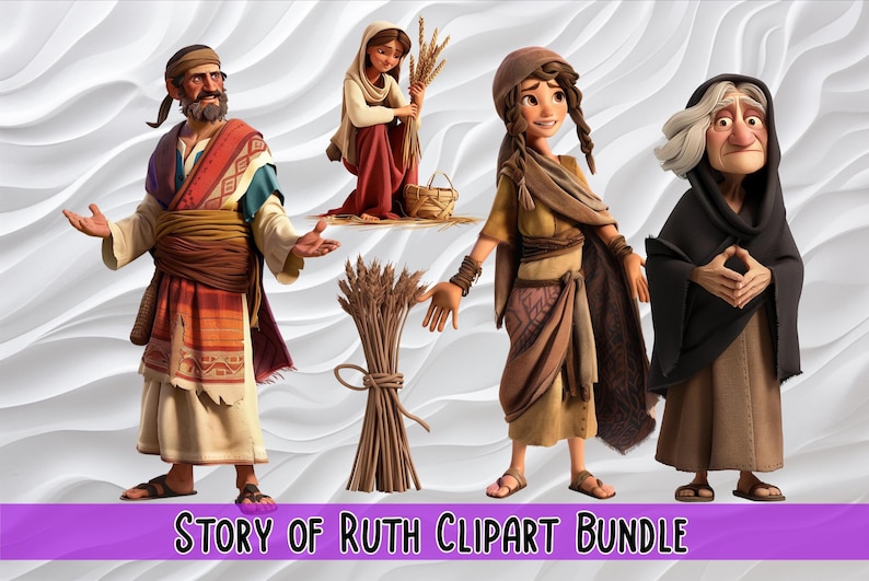 May include: A digital clipart bundle featuring illustrations of characters from the Story of Ruth. The images include a man in a robe, a woman holding wheat, a woman with braids, and an older woman in a black shawl. The text "Story of Ruth Clipart Bundle" is at the bottom.