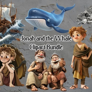 Jonah and the Whale clipartbundel, bijbelverhalen, instant download
