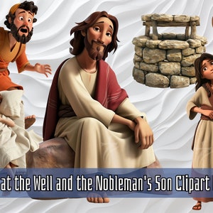 Bundle de cliparts La femme au puits et le fils du noble, téléchargement immédiat, Clipart biblique du Nouveau Testament, Jesus Miracle, imprimable