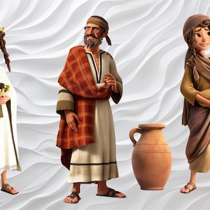 May include: Three cartoon figures in biblical attire stand against a white, wavy background. A woman in a white dress holds flowers, a man wears a head covering and shawl, and another woman cradles a baby. A brown jug is also present.