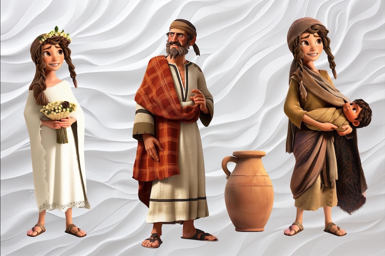 May include: Three cartoon figures in biblical attire stand against a white, wavy background. A woman in a white dress holds flowers, a man wears a head covering and shawl, and another woman cradles a baby. A brown jug is also present.