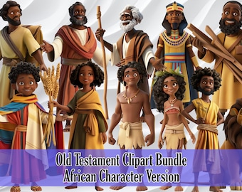 May include: A digital clipart bundle featuring African characters from the Old Testament. The characters are depicted in various poses and settings, including a king, a shepherd, and a lion. The characters are all drawn in a cartoon style and have a warm, friendly appearance.