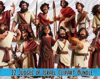 Puede incluir: Un conjunto de 12 ilustraciones de dibujos animados de los Jueces de Israel. Los personajes están representados en varias poses y visten ropa tradicional. Las ilustraciones son coloridas y detalladas, y serían perfectas para usar en una variedad de proyectos, como libros para niños, materiales educativos o obras de arte religiosas.