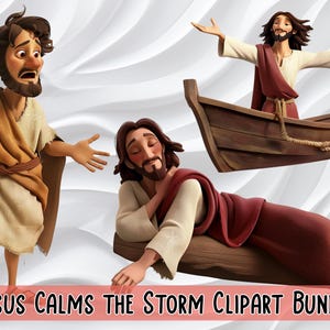 Jezus kalmeert de storm-clipartbundel | Digitale download | Bijbelse illustraties voor religieus handwerk, onderwijs en doe-het-zelfprojecten