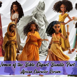 Ensemble de cliparts femmes de la Bible - version africaine - partie 2, images de dessins animés, Bible PNG, téléchargement immédiat, cliparts bibliques, personnage de la Bible