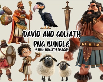 May include: A digital illustration set featuring characters from the story of David and Goliath. The set includes David, Goliath, a king, a vulture, two sheep, and a sword. The characters are depicted in a cartoon style and are brightly colored.