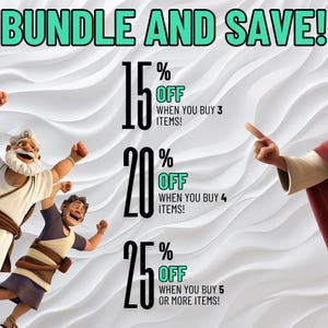 Op de afbeelding: Een afbeelding met de tekst "BUNDLE AND SAVE!" in het groen. De afbeelding toont geanimeerde figuren van Jezus en drie andere mannen. Tekst geeft kortingen van 15%, 20% en 25% korting bij aankoop van meerdere artikelen.