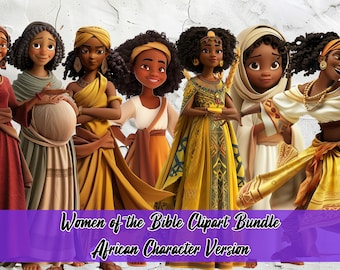 May include: Clip art bundle of women from the Bible, featuring African characters. The women are depicted in various poses and wearing colourful clothing. The text "Women of the Bible Clip Art Bundle African Character Version" is displayed at the bottom of the image.