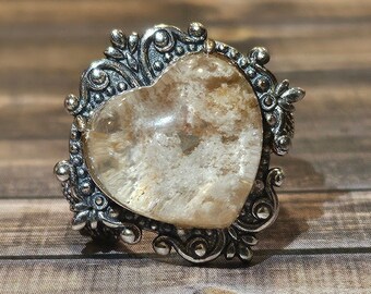 Natural white phantom quartz lodolite vintage adjustable 925 sterling silver ring heart shape gift for her mother girlfriend mom wife