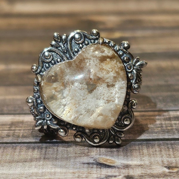 Natural white phantom quartz vintage adjustable 925 sterling silver ring heart shape gift for her mother girlfriend mom wife