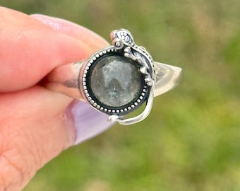 Natural green phantom quartz lodolite adjustable 925 sterling silver ring vintage lizard gift for her mother girlfriend mom wife