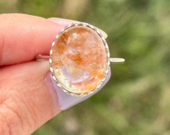 Natural orange phantom quartz lodolite vintage adjustable 925 sterling silver ring oval shape gift for her mother girlfriend mom wife