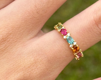 Natural Tourmaline rainbow 925 sterling silver adjustable ring