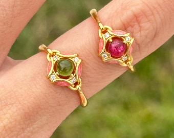 Natural Tourmaline gold plated 925 sterling silver adjustable ring pink green