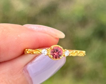 Natural Tourmaline pink gold plated 925 sterling silver adjustable ring