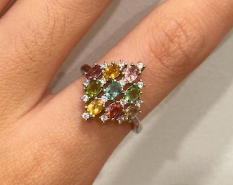 Natural Tourmaline rainbow 925 sterling silver adjustable ring