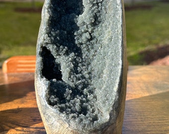RARE Natural green sugar druzy geode cut base