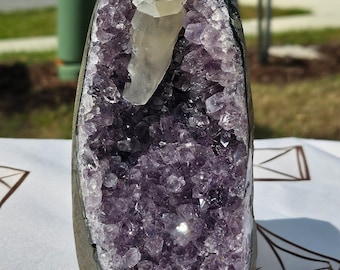 beautiful druzy amethyst geode cut base with calcite from Brazil