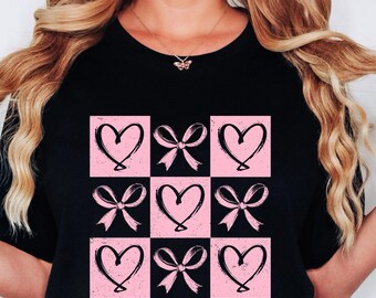 Maglietta retrò a quadri con cuore e fiocco Coquette per San Valentino, regalo per ragazze