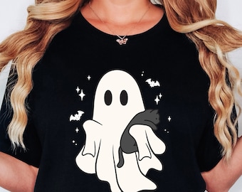 Maglietta da donna con gatto fantasma di Halloween, maglietta da donna per la stagione spettrale, regalo per gli amanti degli animali