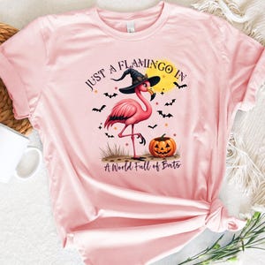 May include: A pale pink t-shirt with a Halloween-themed design. It features a flamingo wearing a witch's hat, a pumpkin, bats, and the text "Just a Flamingo in a World Full of Bats." A fun and festive design.