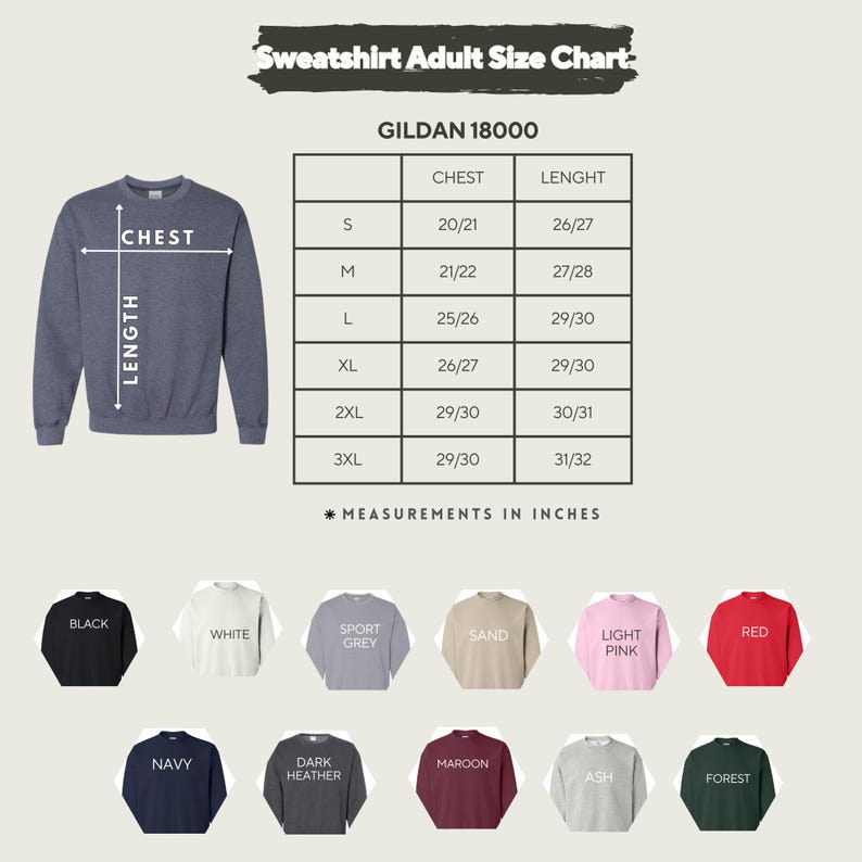 The image is a size chart for a GILDA 1800 sweatshirt, showing the measurements for different chest sizes in inches.