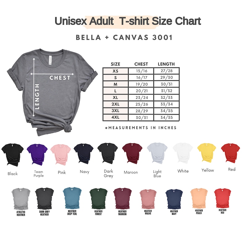 May include: Unisex adult t-shirt size chart for Bella + Canvas 3001. The chart shows chest and length measurements in inches for sizes XS to 4XL. The chart is displayed on a grey t-shirt with the words "CHEST" and "LENGTH" written on it.